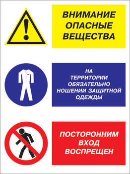 Кз 16 внимание опасные вещества - на территории обязательно ношение защитной одежды, посторонним вход воспрещен. (пластик, 400х600 мм) - Знаки безопасности - Комбинированные знаки безопасности - vektorb.ru